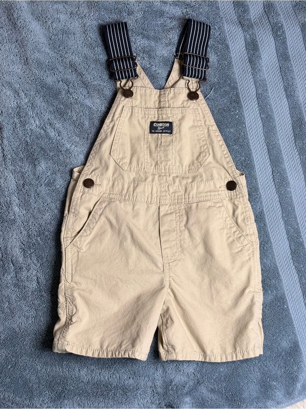 OshKosh B'gosh Cream Short Overalls with Navy Striped Straps
